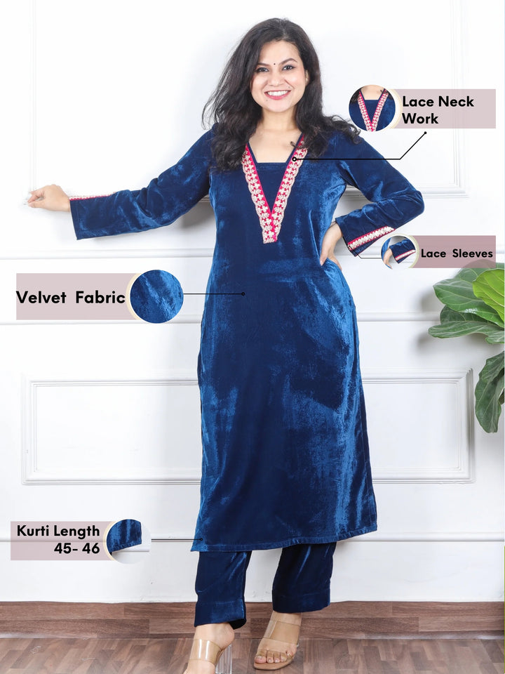 दर्शनी Royal Blue V Neck Lace Work Velvet Winter Kurti-D3