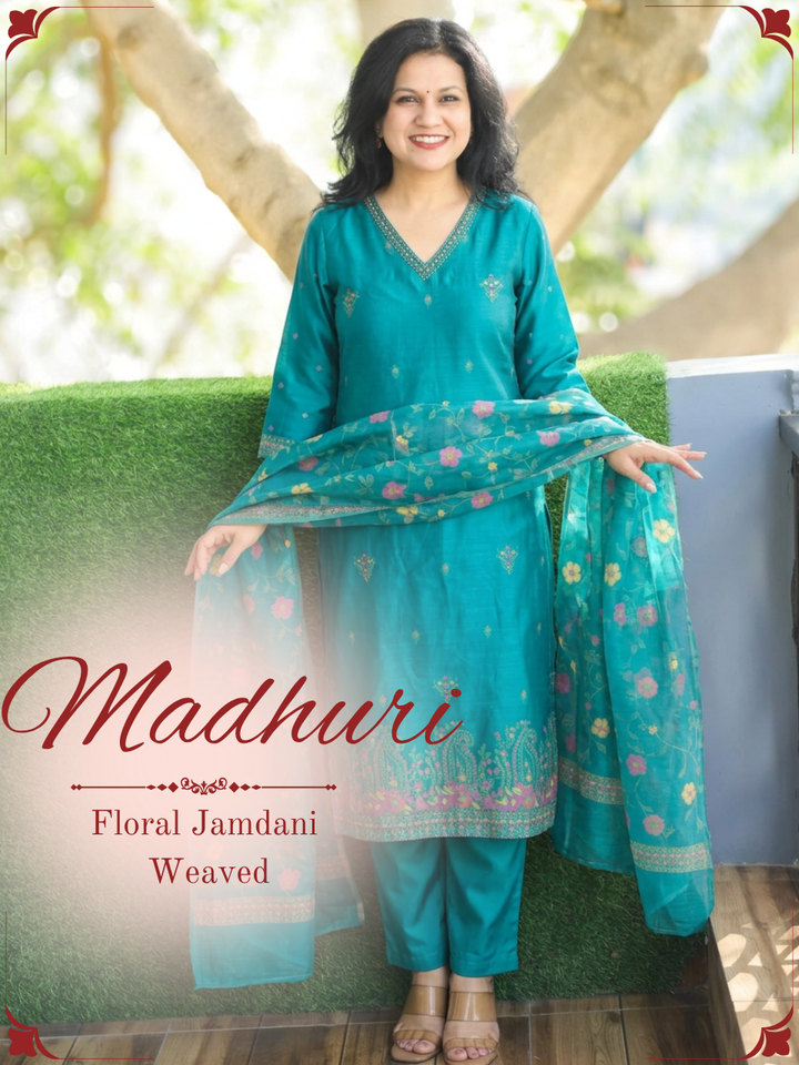 Madhuri Teal Floral Jamdani 3 Piece Set