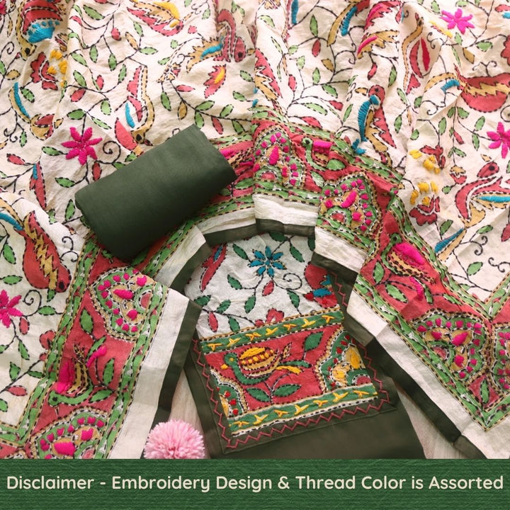 Sajna Olive Green Phulkari Patch Work Neck Glazed Cotton Suit Set