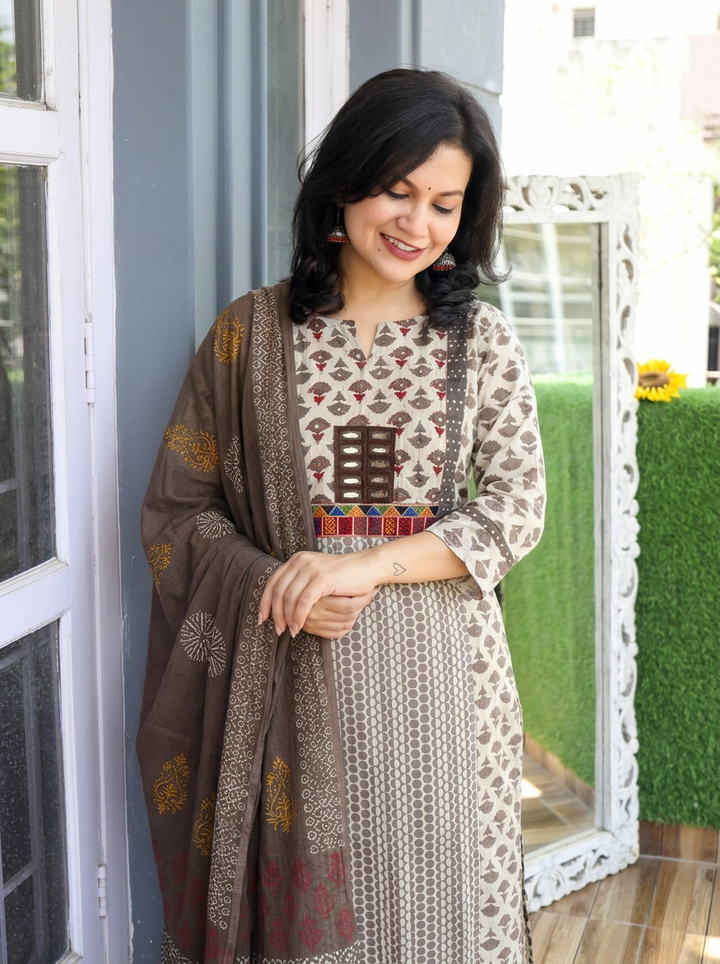 Aishwarya Hazel Beige Panel Style Dabu Printed 3 Piece Set