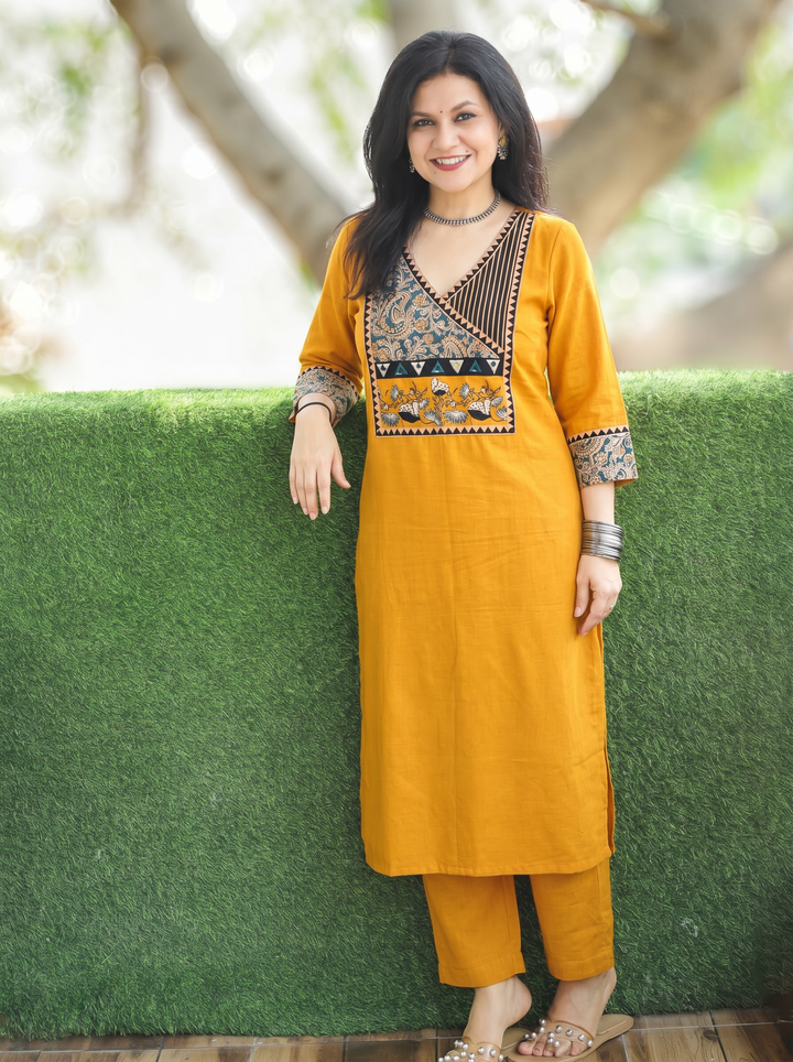 Sayami Yellow Kalamkari Angrakha Cotton Kurti