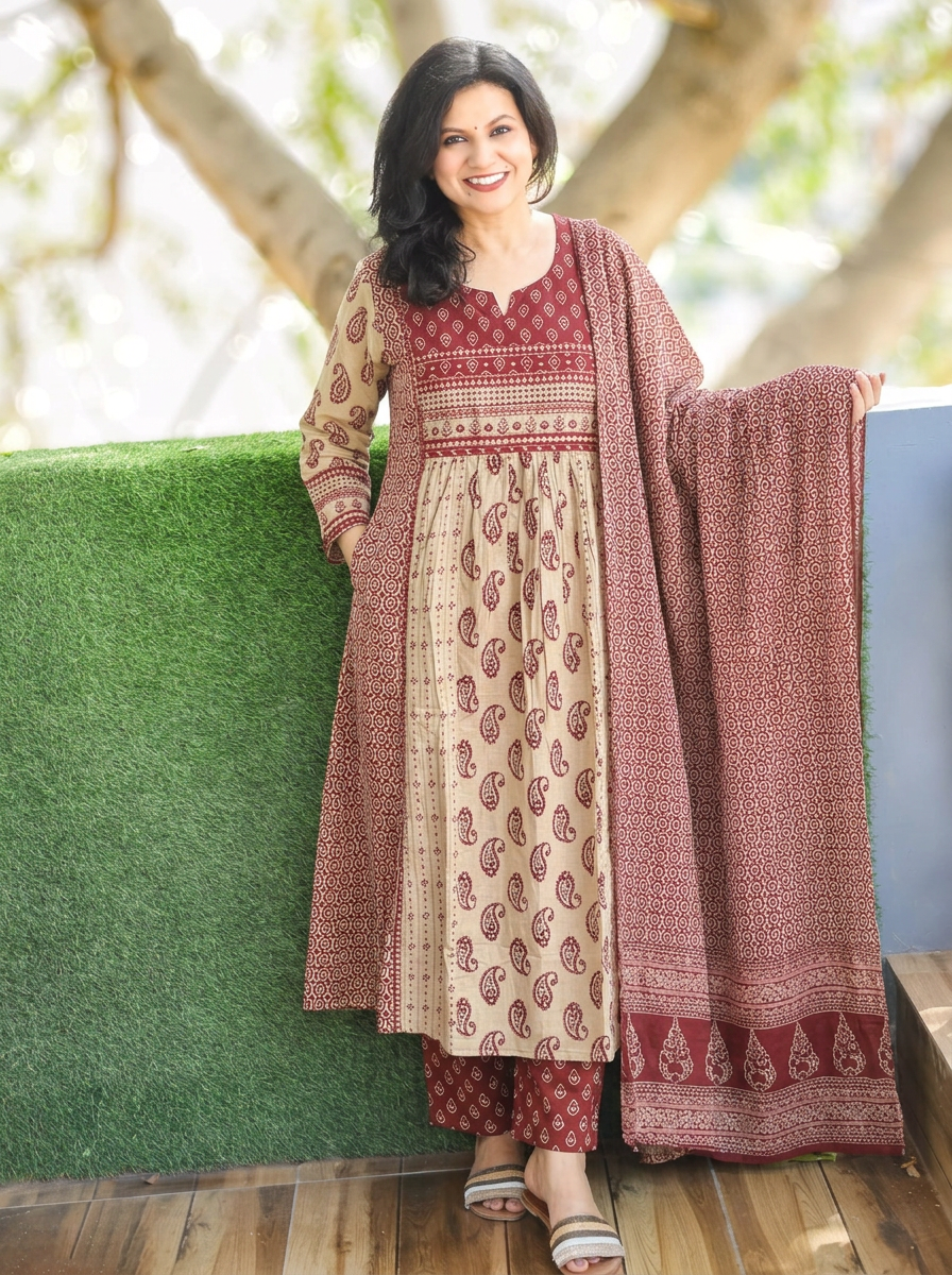 Parineeti Beige Red Panel Style Cotton 3 Piece Set