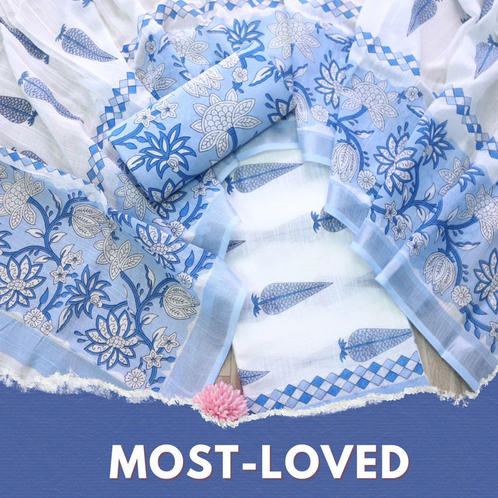 Rivaish White with Blue Digital Printed Premium Cotton Linen Suit Set