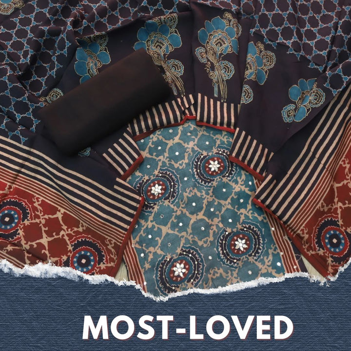Manzeel Bluish Grey Zari with Patra Neck Work Printed Muslin Suit Set