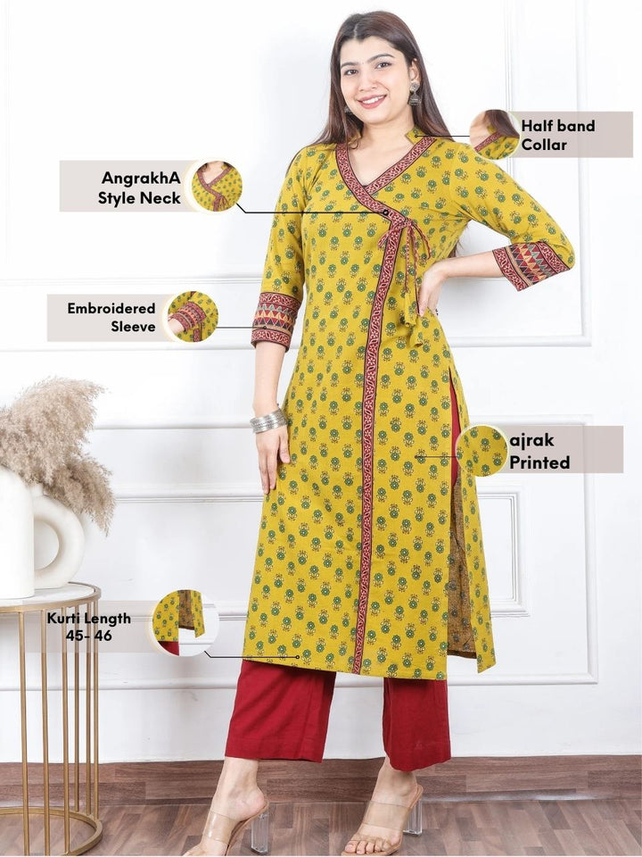 Naari Dijon Yellow Kutch Fusion Work Angrakha Style Cotton Kurti-D3
