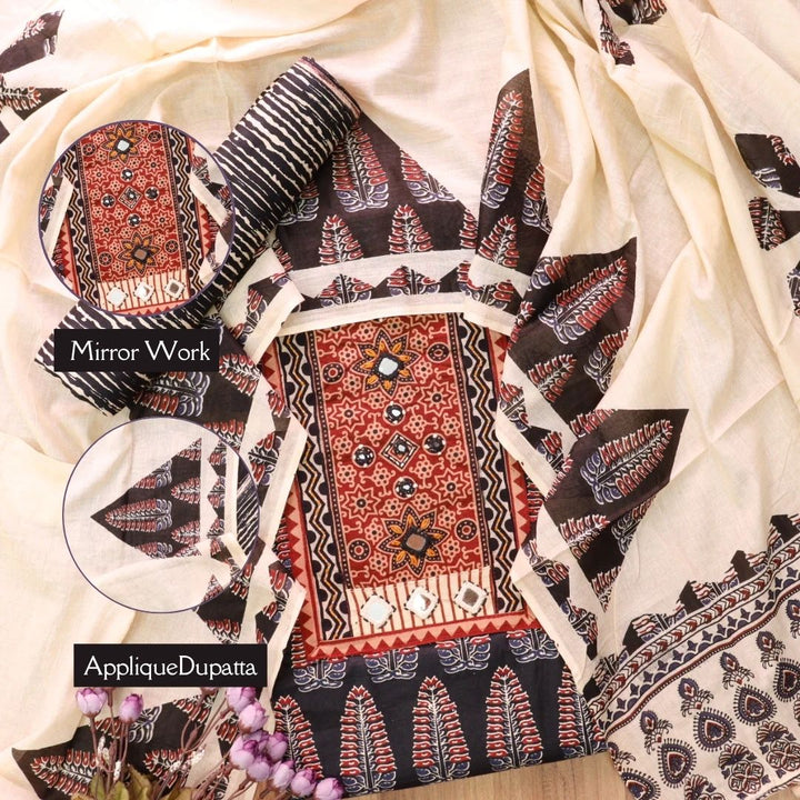 Kakaswi Faded Black Mirror with Ajrak Print Patch Work Printed Cotton Suit Set