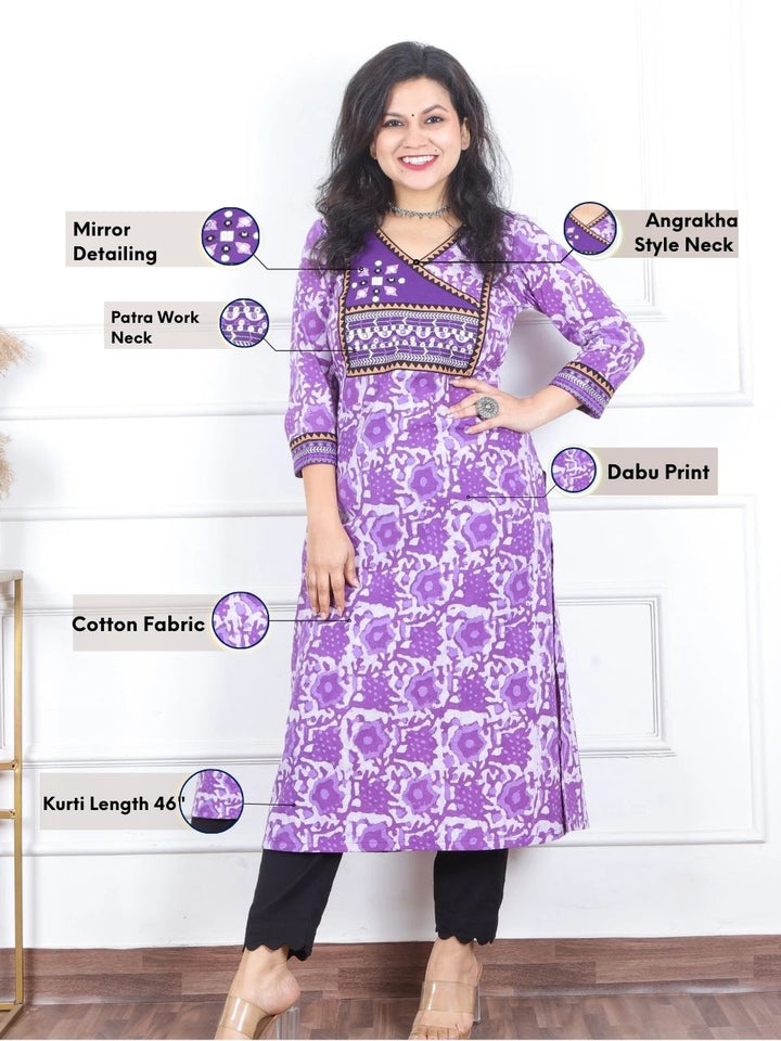 Kranti Orchid Purple in Angrakha Neck with Mirror Work Dabu Print Cotton Kurti