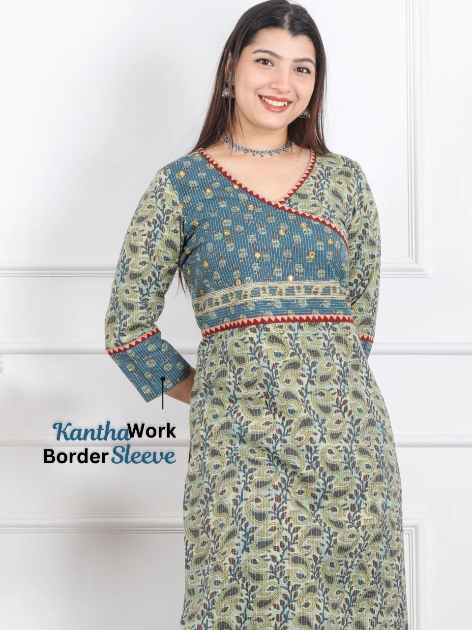 Hanniyaan Carnation Green Angrakha Neck Work Kantha Cotton Kurti