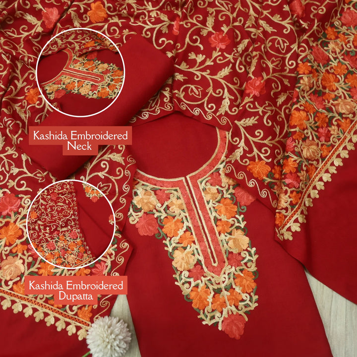 तिलक Vermillion Red Kashida Embroidered Neck Semi Pashmina Winter Suit Set