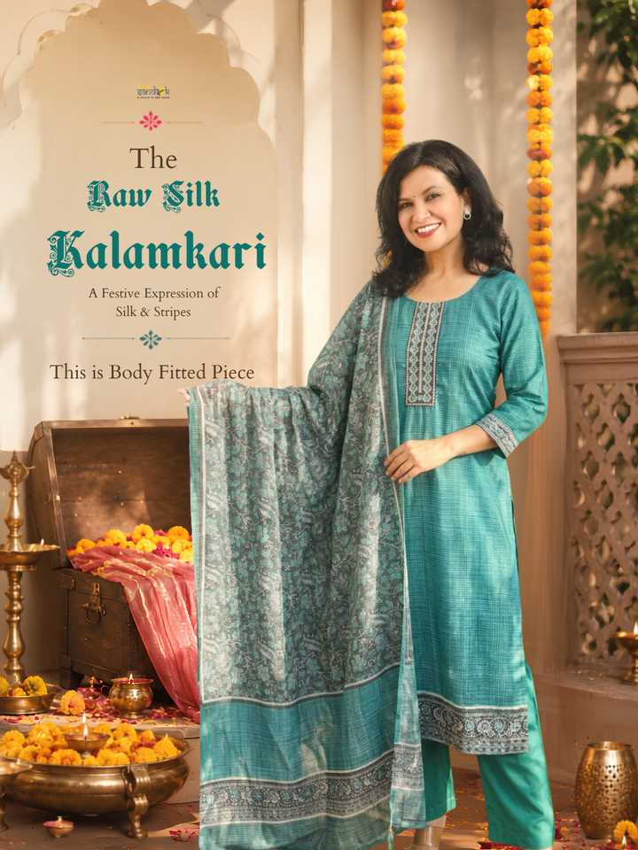 Sushma Aqua Turq Mirror Work Patch Raw Silk 3 Piece Set