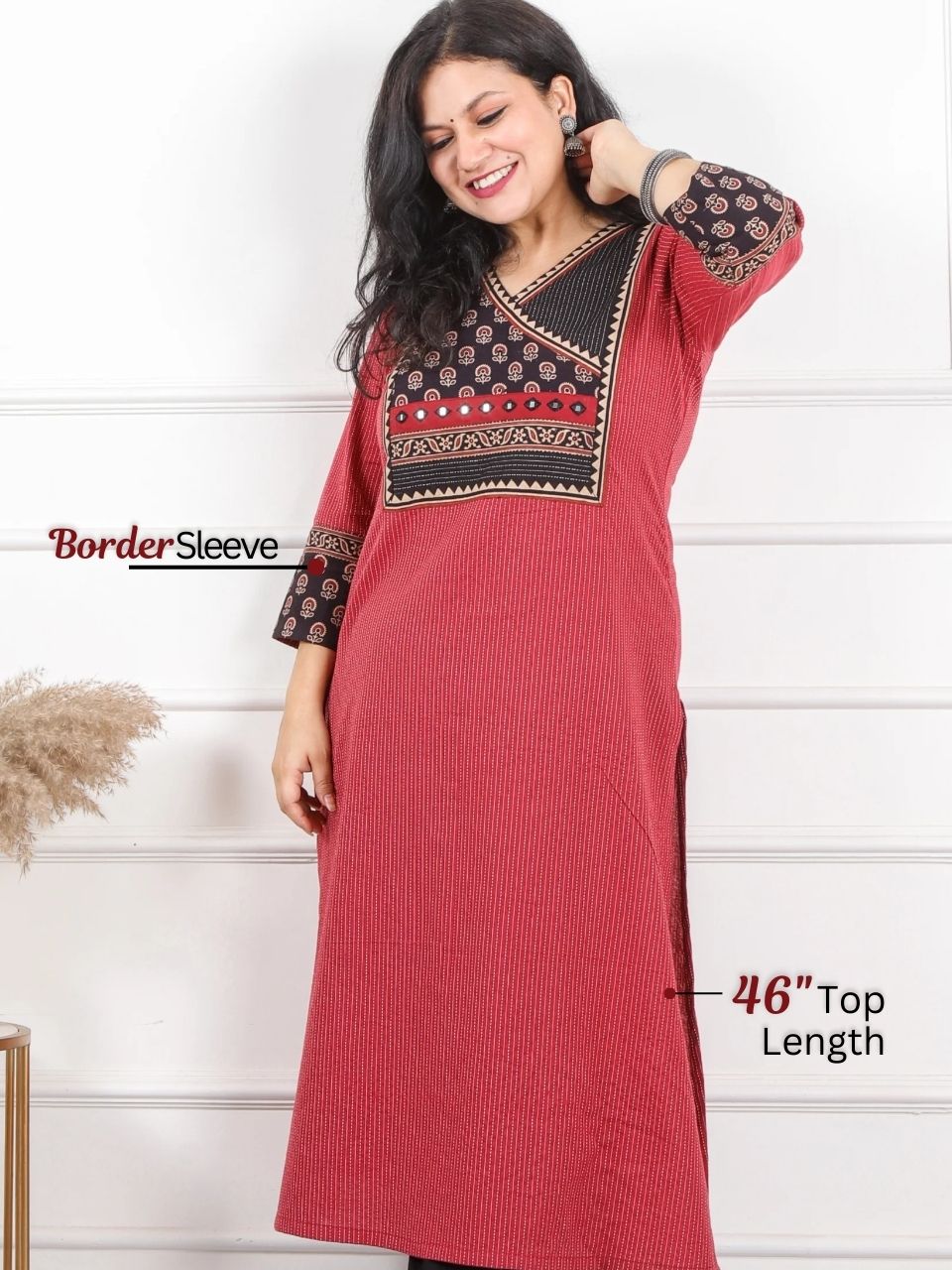 Hanniyaan Apple Maroon Angrakha Neck Work Kantha Cotton Kurti