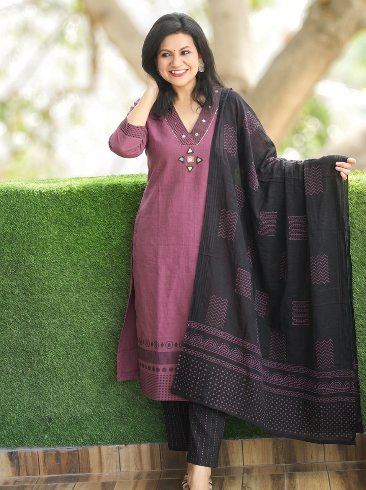 Sharmili Rose Mauve Mirror Handloom Cotton 3 Piece Set