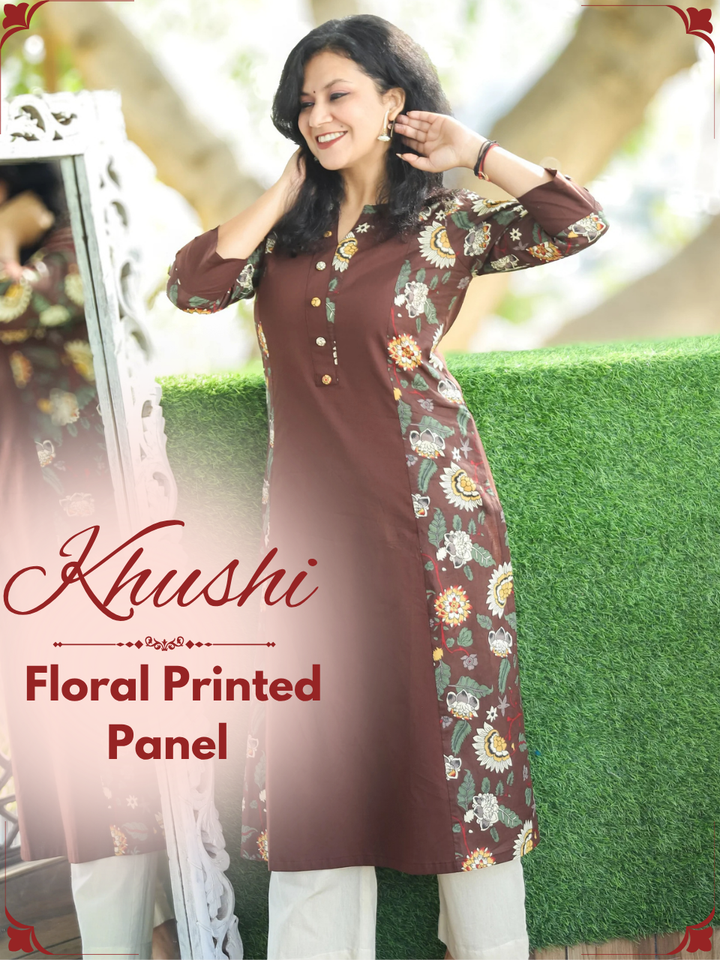 Khushi Choco Brown Button Work Round Neck Floral Printed Panel Cotton Kurti
