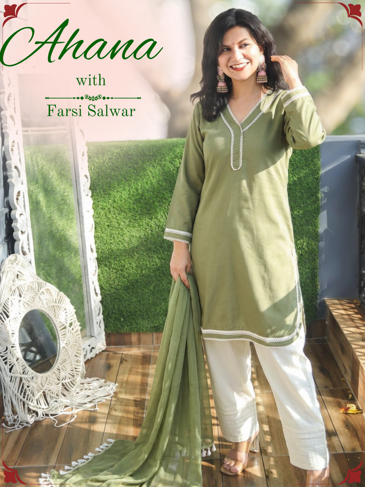 Ahana Sage Green Lace Work Farsi Cotton 3 Piece Set