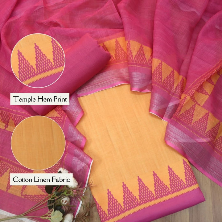 Rooprani Sunset Yellow Temple Hem Print in South Cotton Linen Suit Set