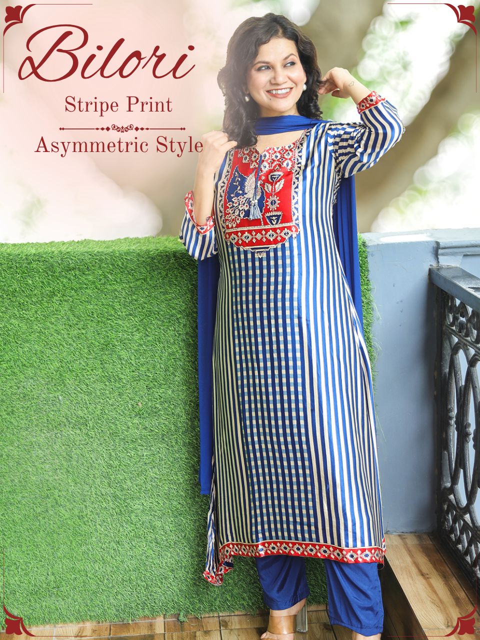 Bilori Blue Peacock Printed Yoke Gajji Silk 3 Piece Set