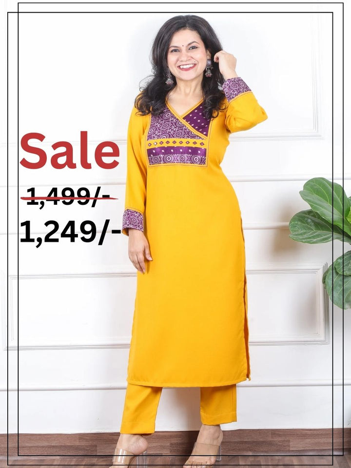 छाया Bumblebee Yellow in Mashru Angrakha Patch in Semi Pashmina Winter Kurti