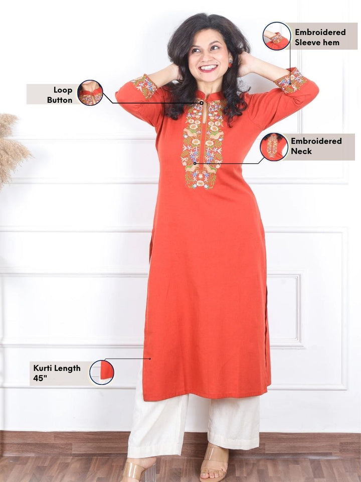 Khawb Portland Orange Floral Thread Embroidered Neck Cotton Flex Kurti