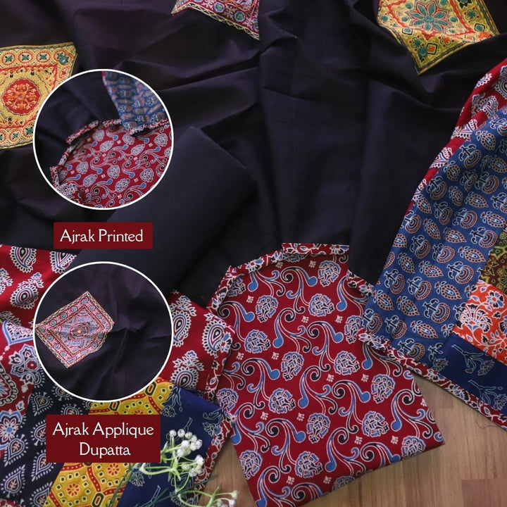 Kakaswi Berry Red Floral Printed Cotton Top with Applique Work Dupatta-D4