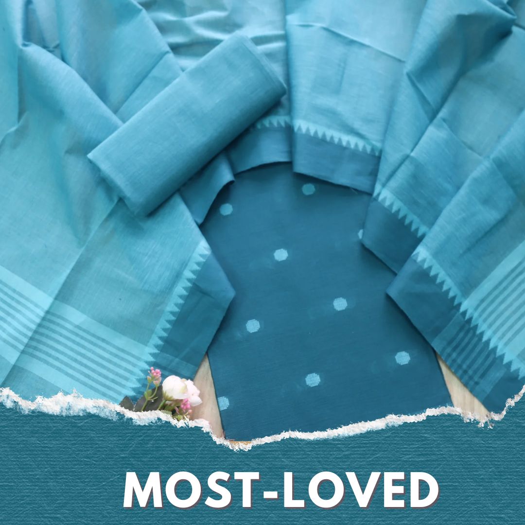 Sanskruti Turquoise Blue Weaved South Cotton Temple Hem Suit Set