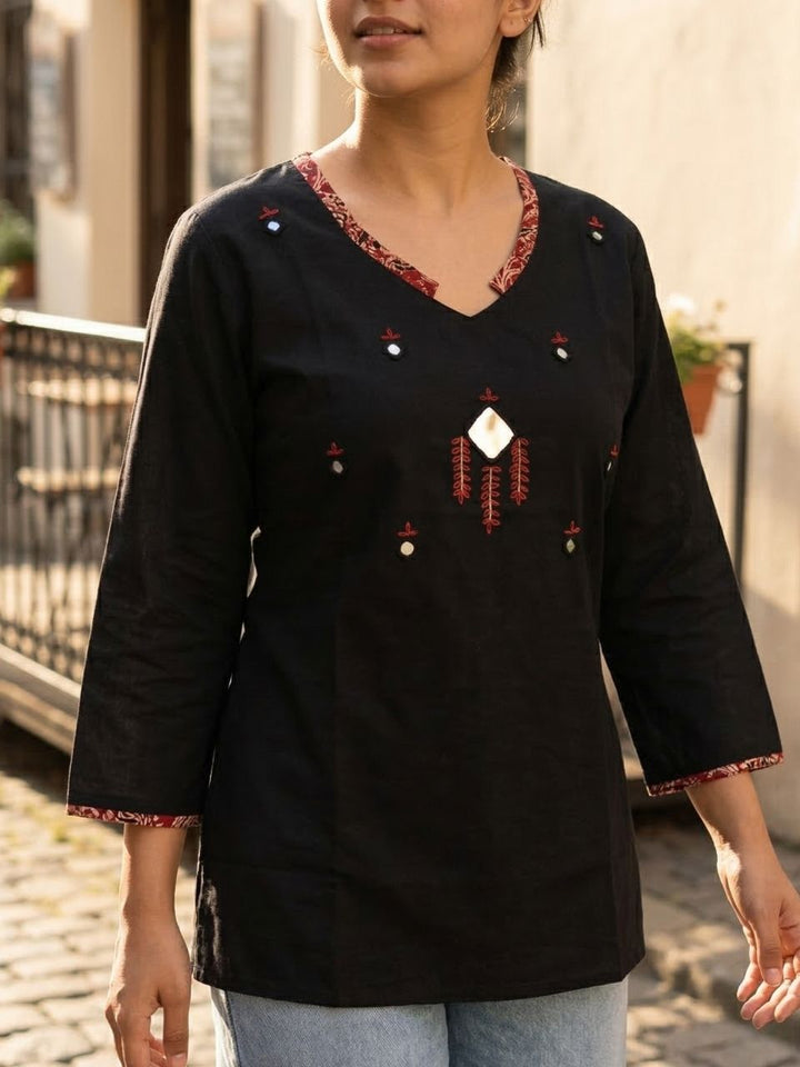 Shelly Black Mirror Cotton Short Kurti