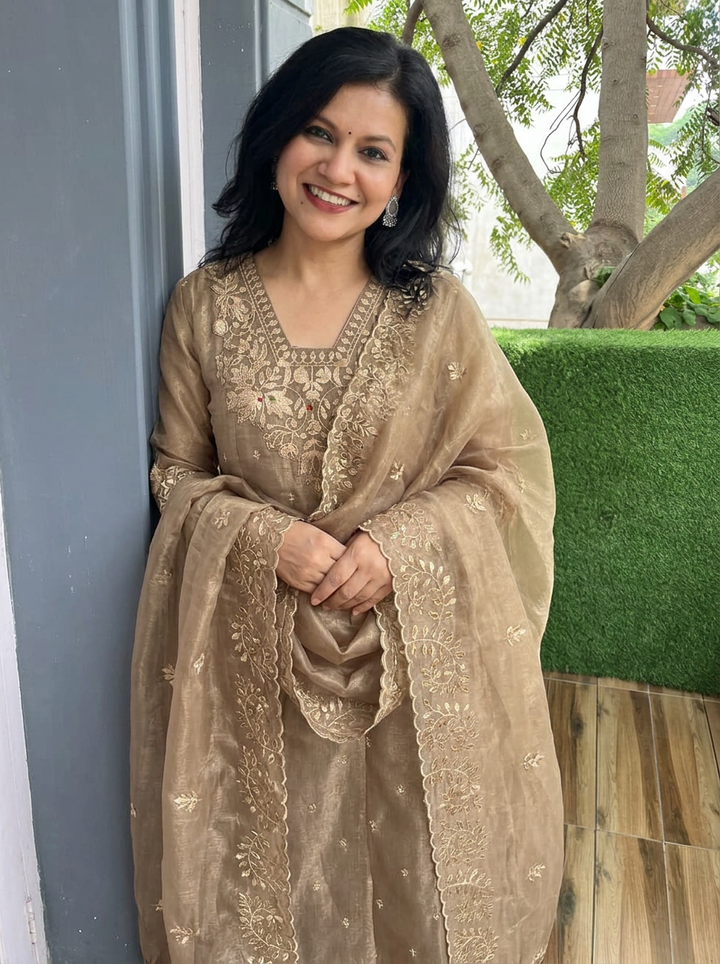 Laavanya Mouse Tan Gota Patti Work Shimmer Organza 3 Piece Set