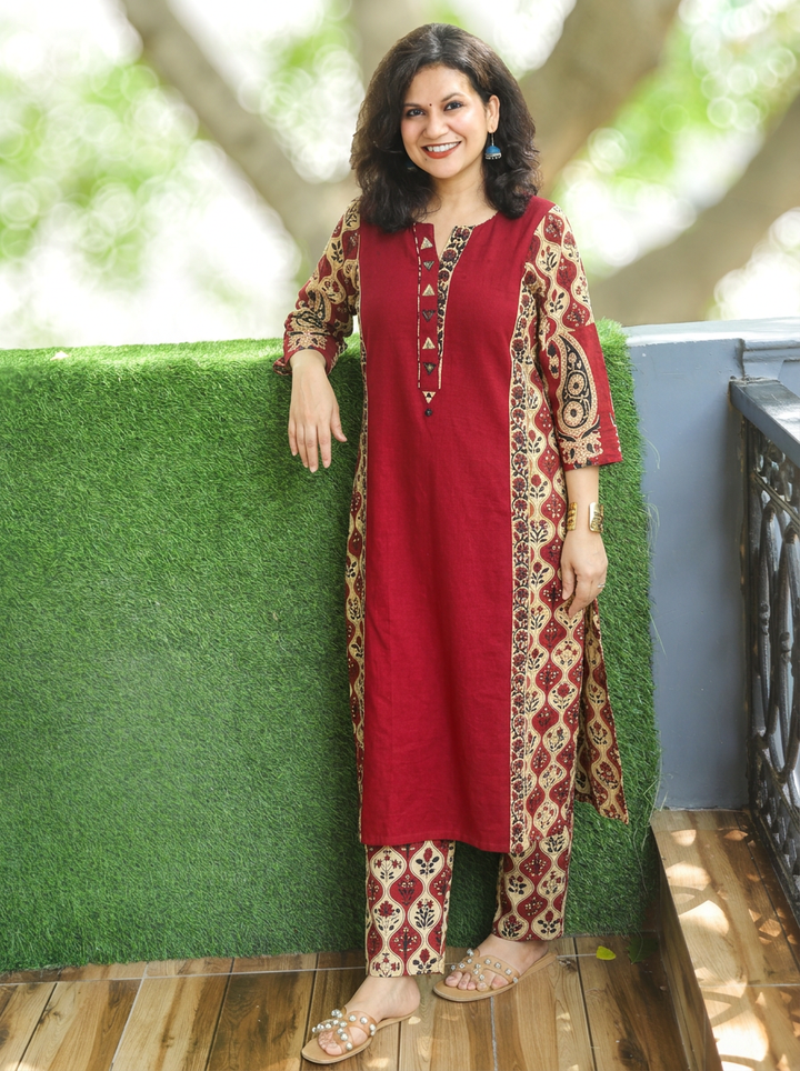 Devika Red Mirror Work Kalamkari Panel Cotton 2 Piece Set
