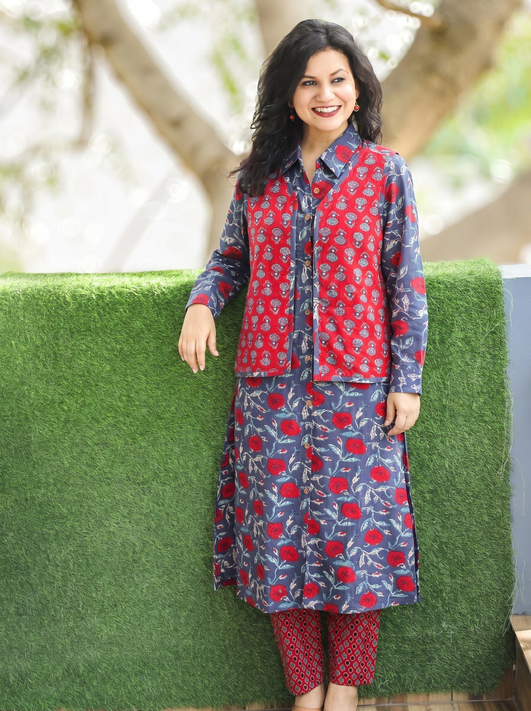 Nysa Blue Green Block Print Cotton Jacket Set