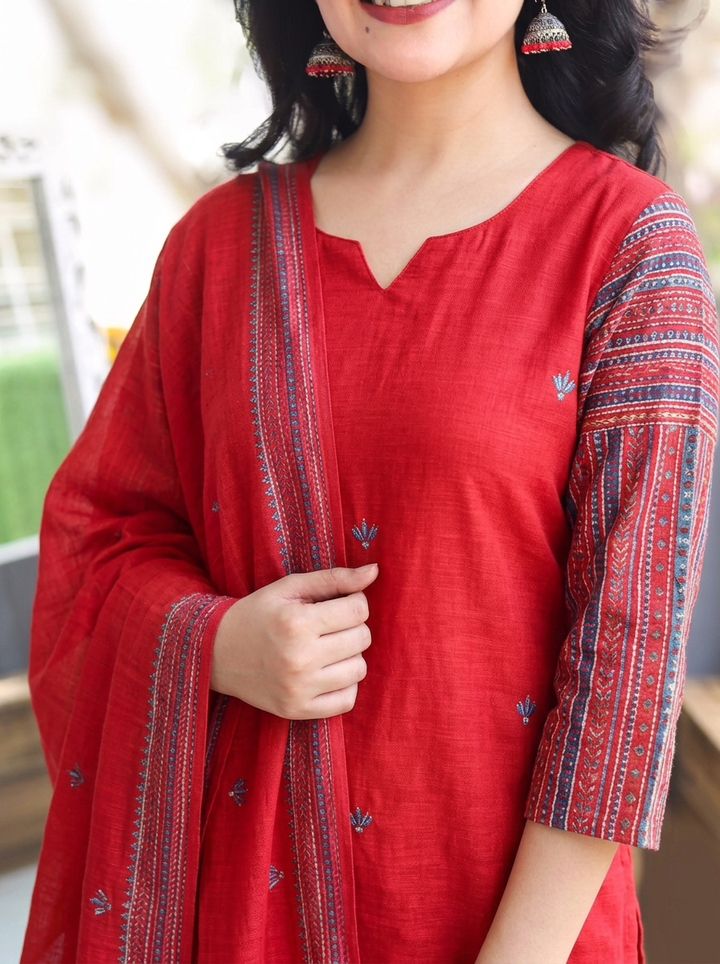 Vrinda Crimson Red Kolkata Hand Embroidered Linen 3 Piece Set