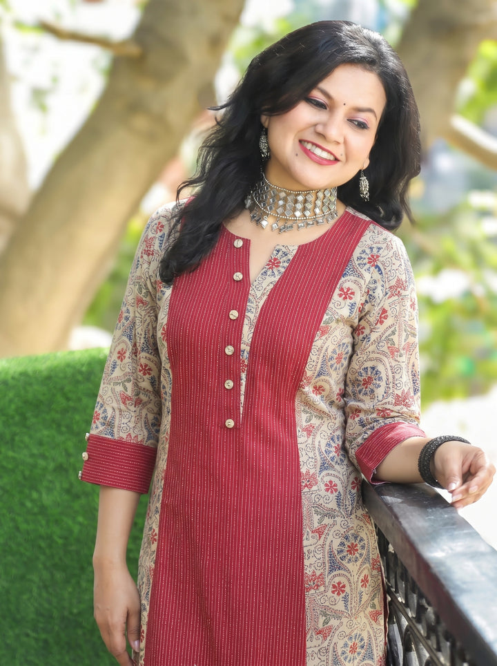 Padma Maroon Red Running Stitch Panel Cotton Kurti