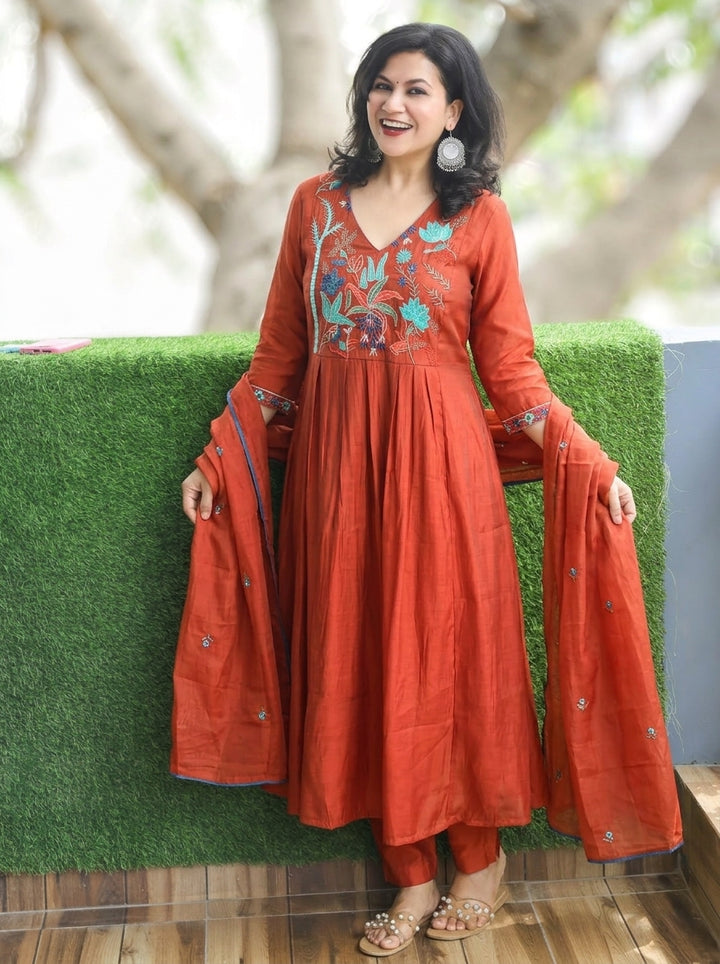 Kavya Burnt Orange Embroidered Mul Chanderi 3 Piece Set