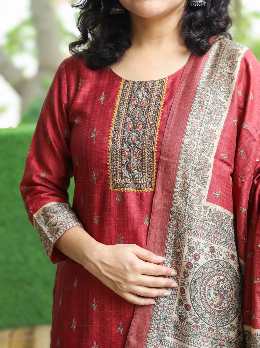 Mahnoor Cherry Red Madhubani Tussar Chanderi Silk 3 Piece Set