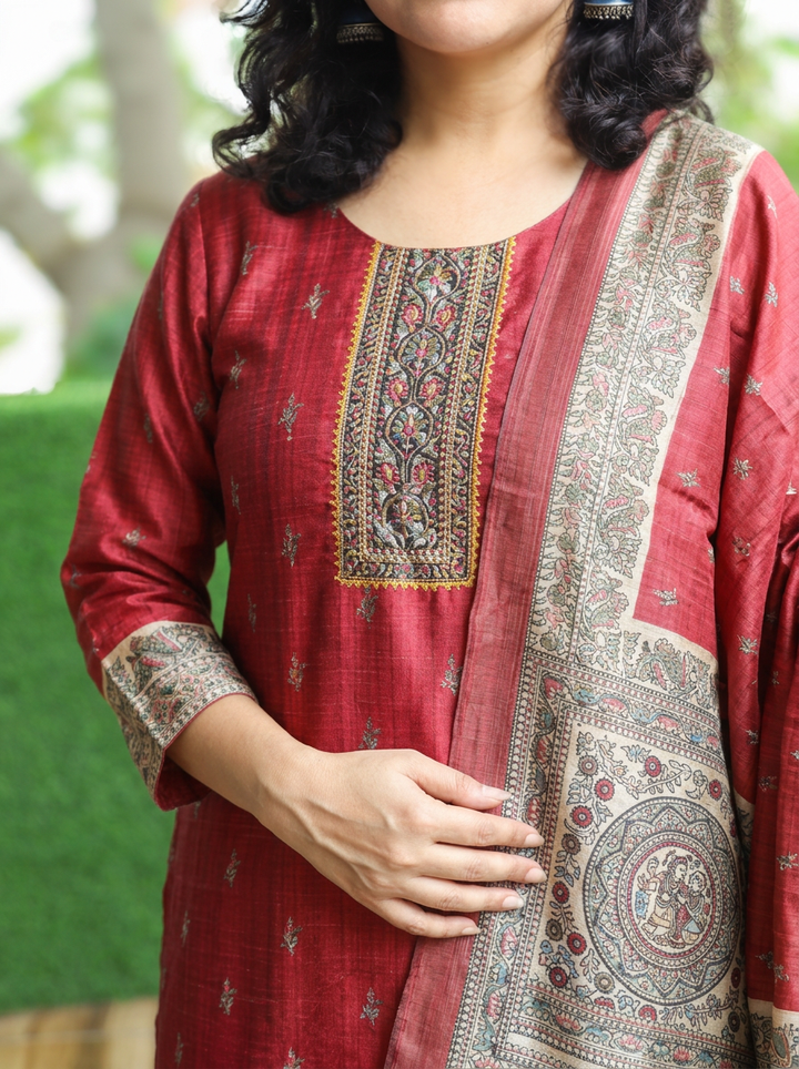 Mahnoor Cherry Red Madhubani Tussar Chanderi Silk 3 Piece Set