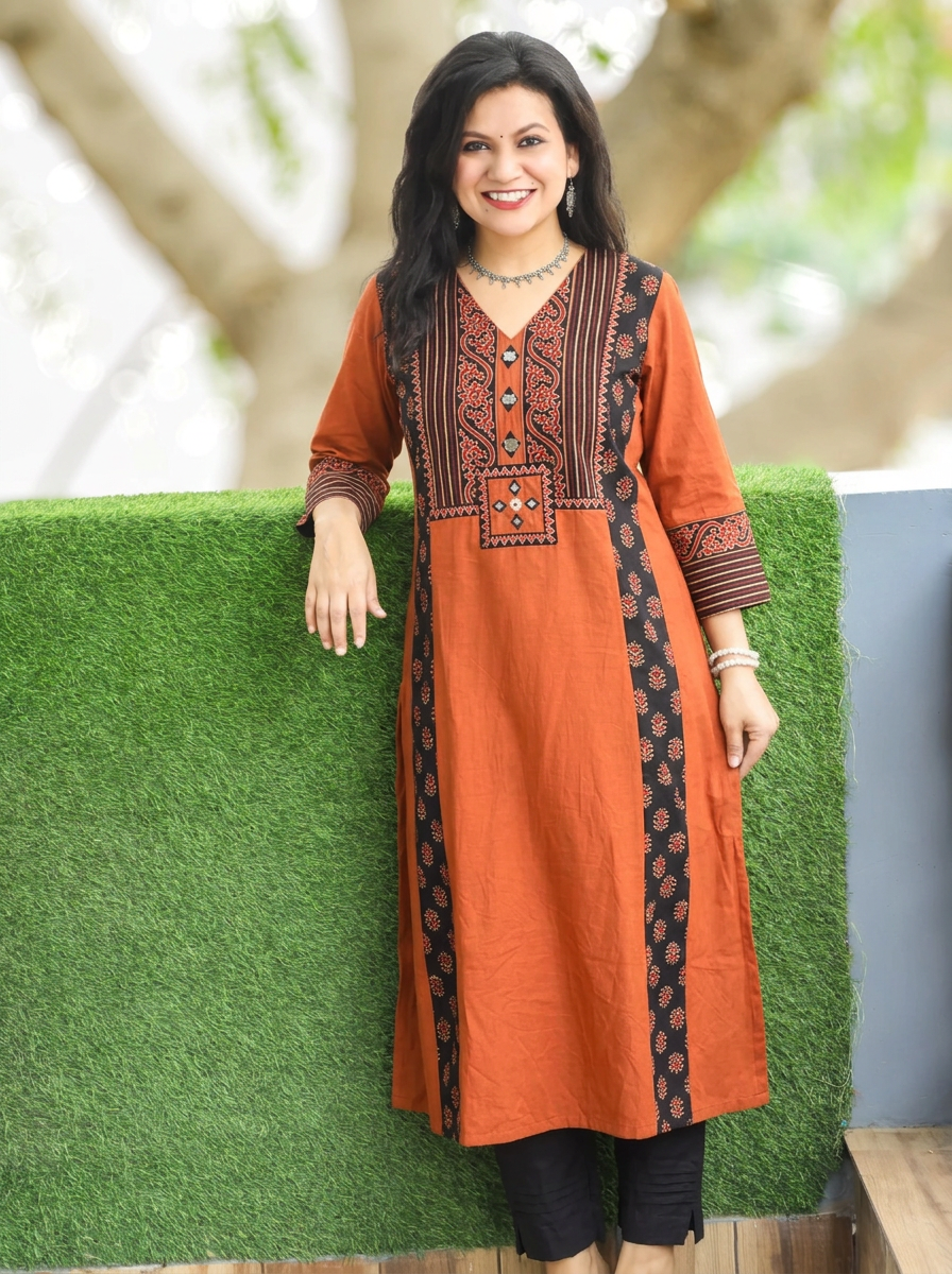 Drishti Burnt Rust Triple Panel Ajrak Yoke with Mirror Cotton Kurti