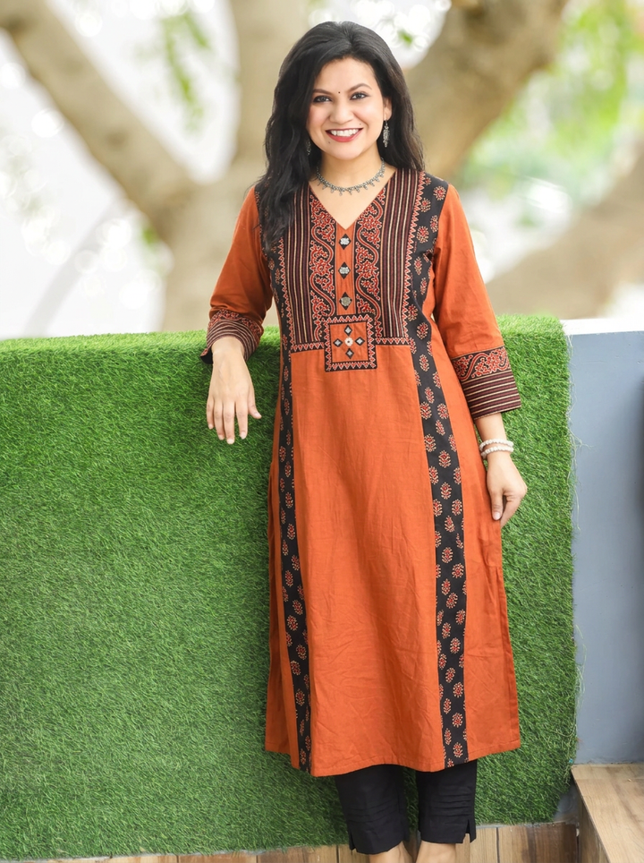 Drishti Burnt Rust Triple Panel Ajrak Yoke with Mirror Cotton Kurti