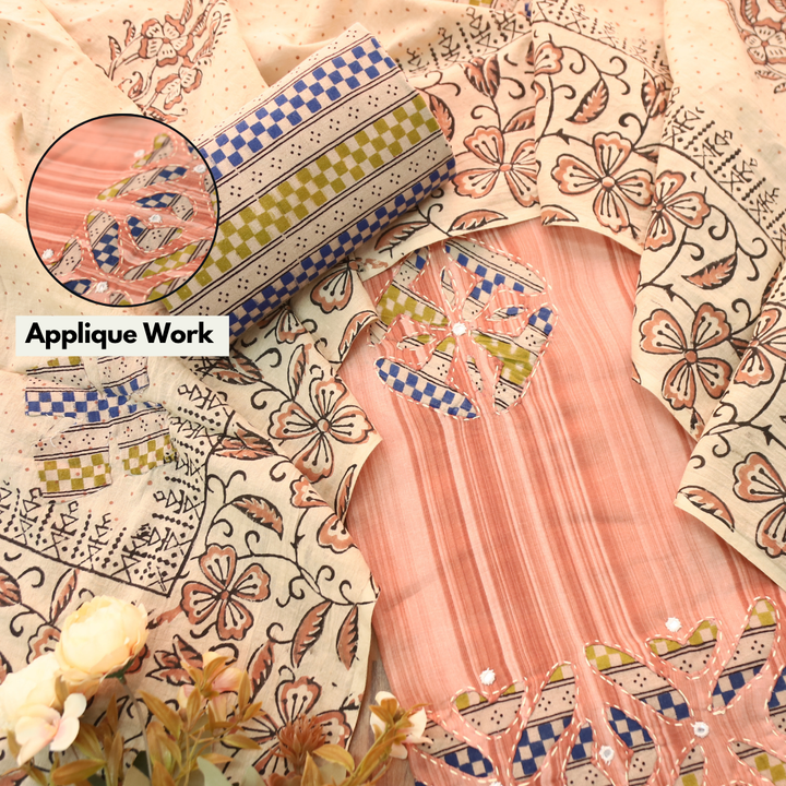 Sadafq Pumpkin Peach Kalamkari Applique Work Jam Satin Cotton Set