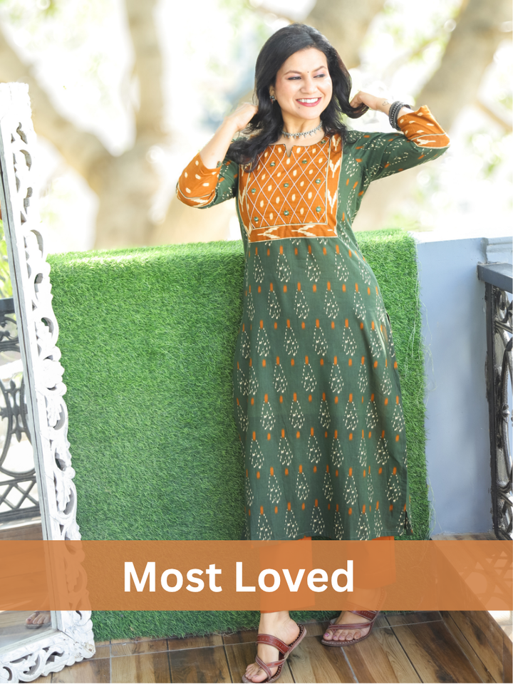 Kesariya Pine Green with Peanut Yoke with Mirror Work Ikkat Printed Cotton Kurti