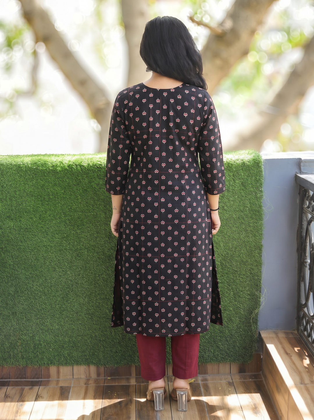 Varsha Ebony Black Angrakha Lotus Panel Cotton Kurti