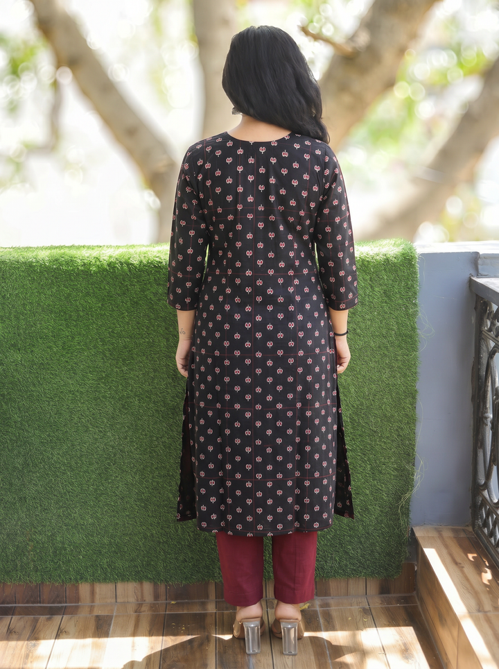 Varsha Ebony Black Angrakha Lotus Panel Cotton Kurti