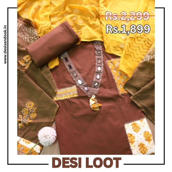 Chandruffi Chocolate Brown Mirror V Neck with Ajrak Applique Work Cotton Set