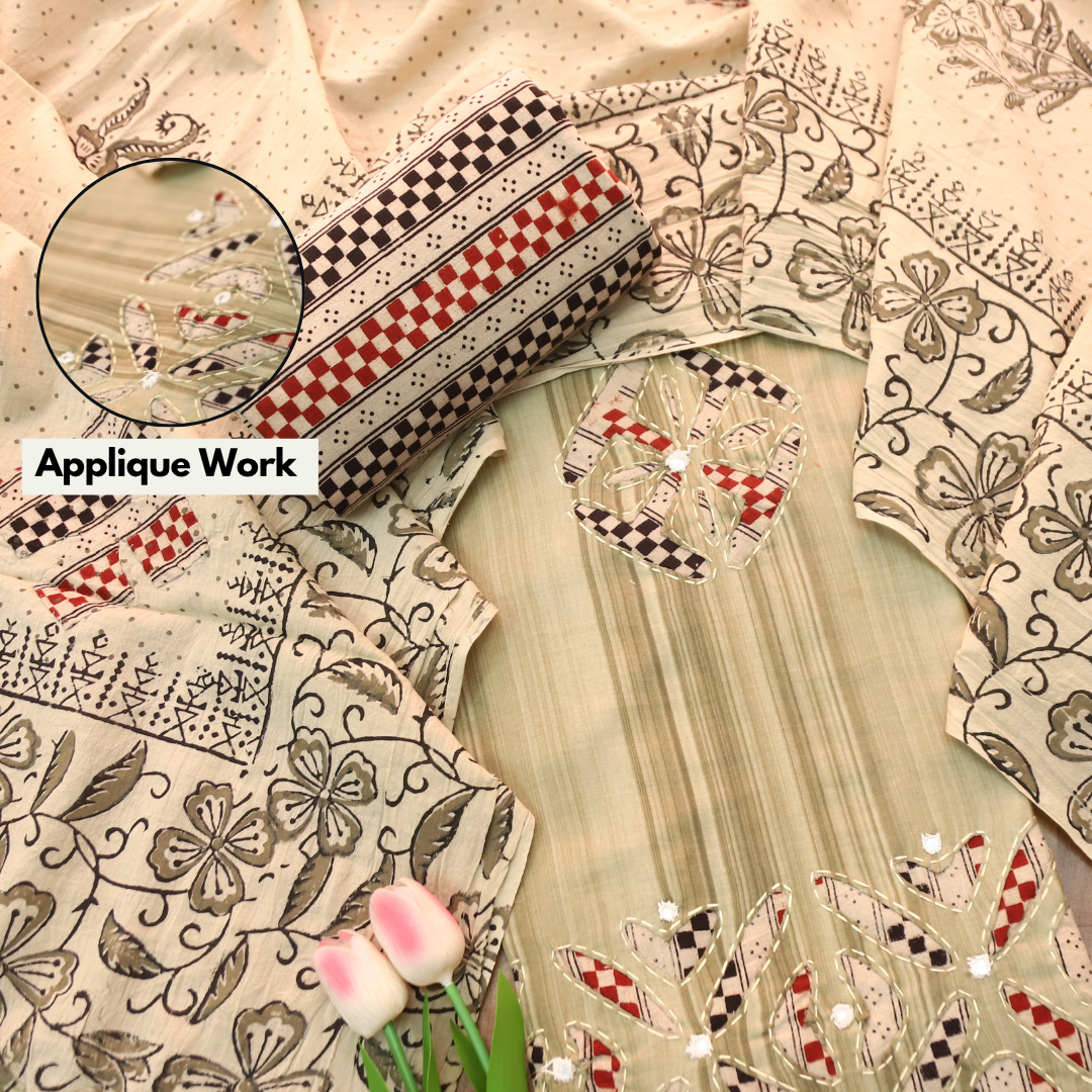 Sadafq Fern Green Kalamkari Applique Work Jam Satin Cotton Set
