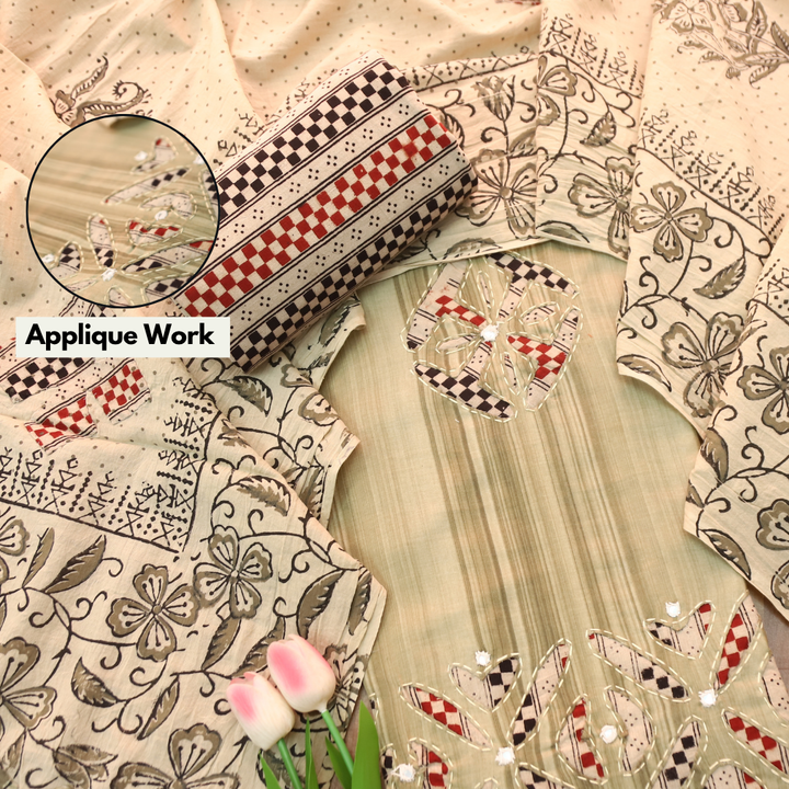 Sadafq Fern Green Kalamkari Applique Work Jam Satin Cotton Set