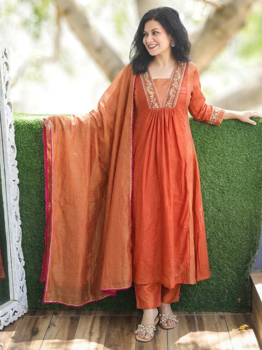 Shanya Tang Rust Embellish Panel Style Tissue Chanderi Set