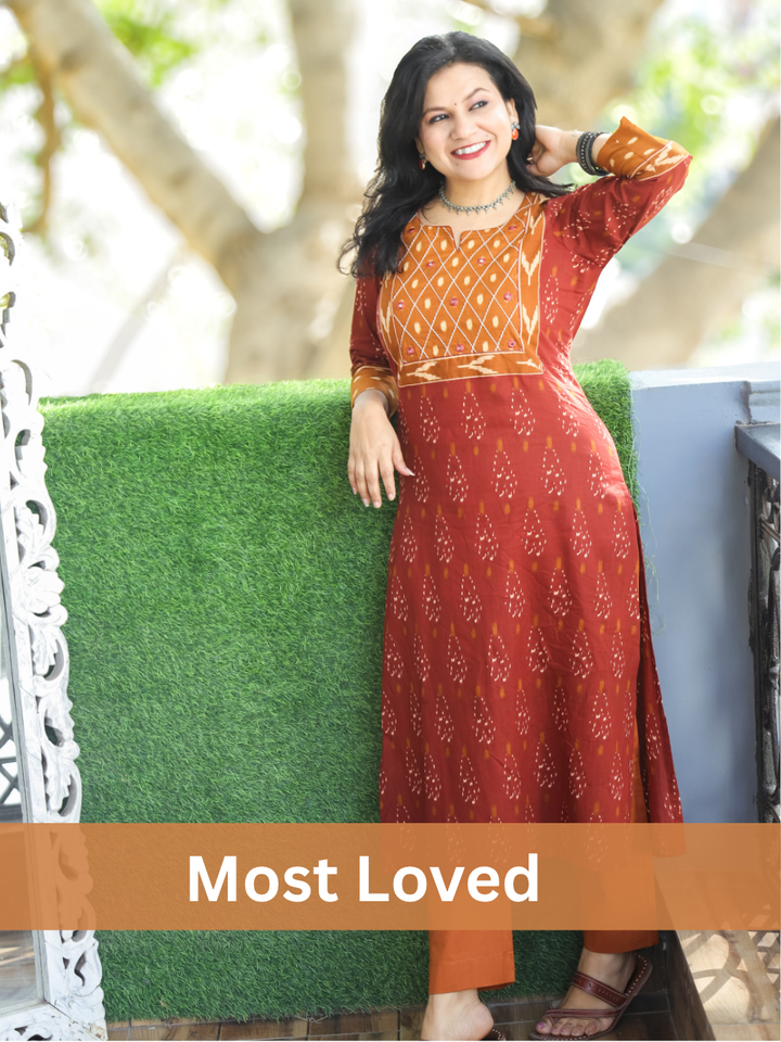Kesariya Barn Rust with Peanut Yoke with Mirror Work Ikkat Printed Cotton Kurti