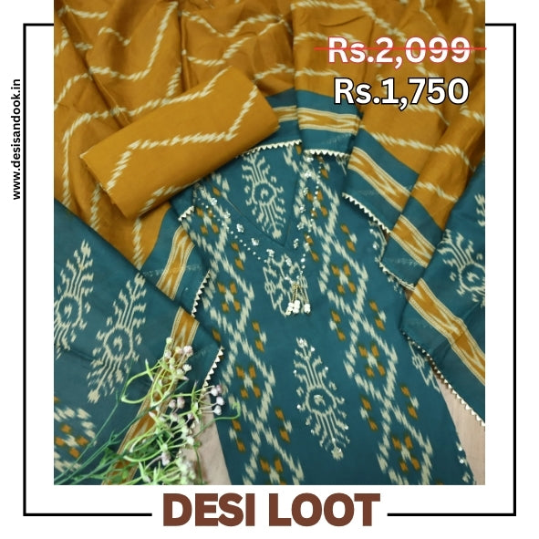 Maya Cerulen Teal V Hanging Neck with Ikkat Printed Cotton Suit Set