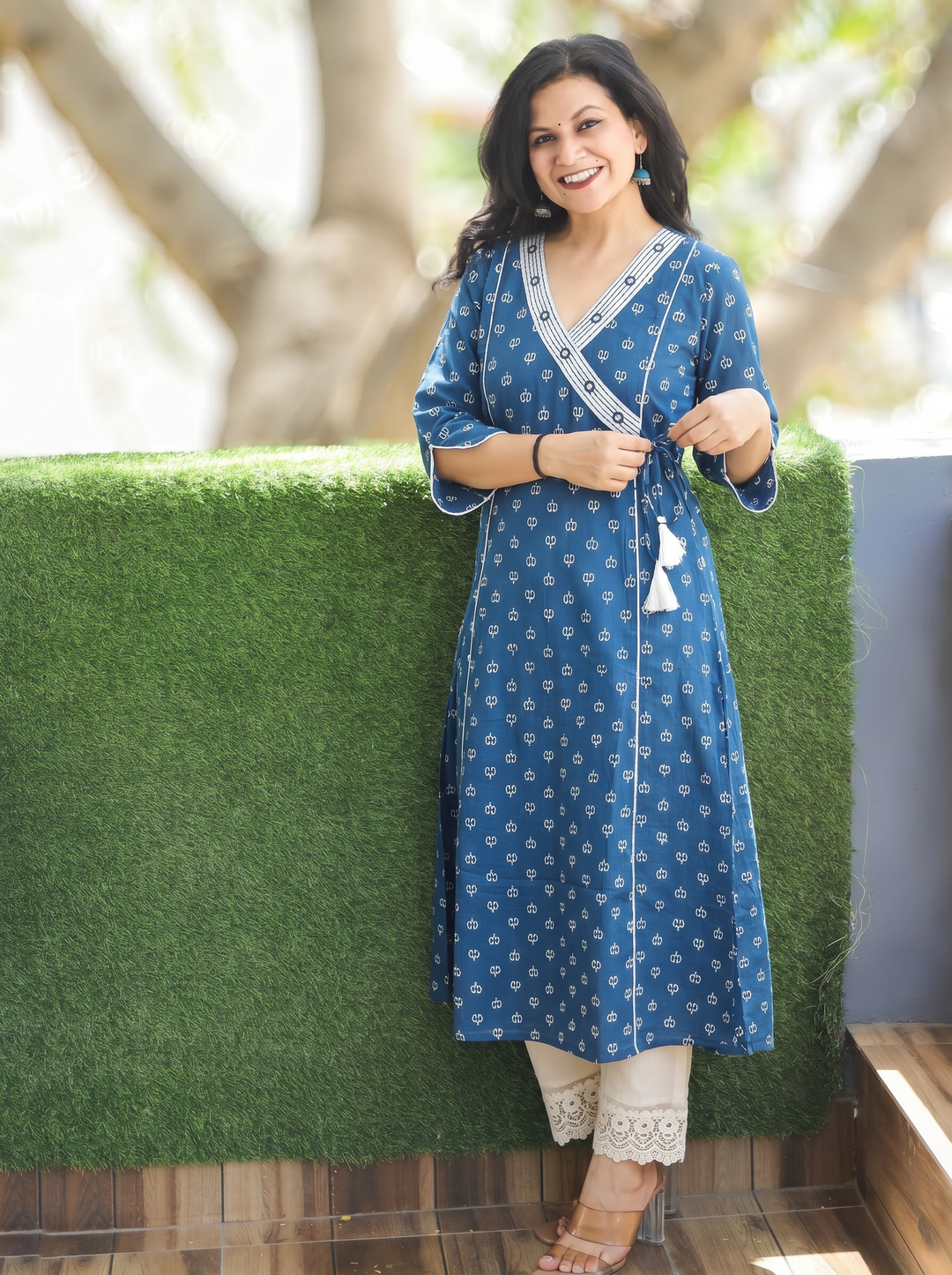 Varsha Sapphire Blue Angrakha Lotus Panel Cotton Kurti
