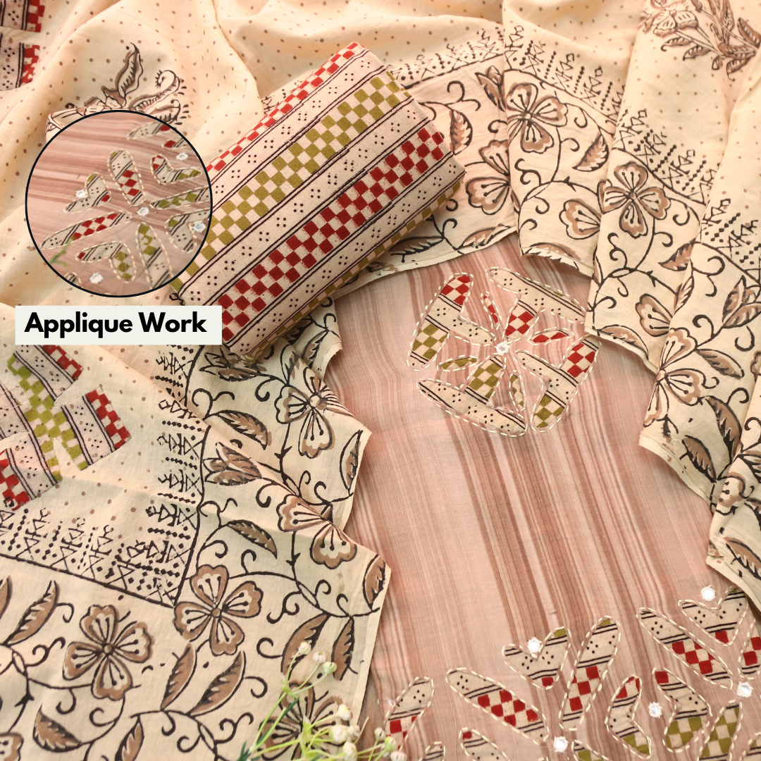 Sadafq Helio Mauve Kalamkari Applique Work Jam Satin Cotton Set