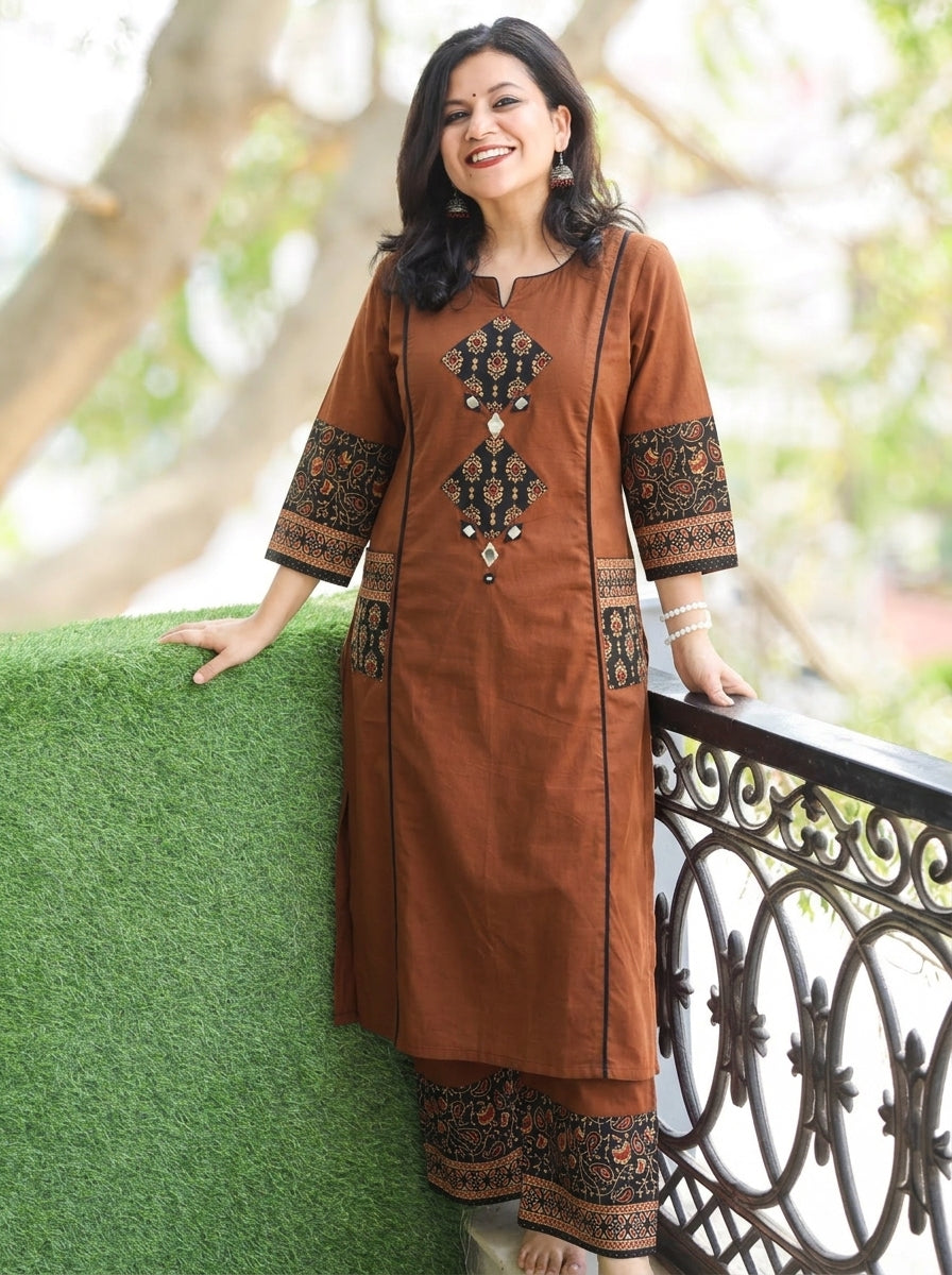 Karishma Burnt Rust Ajrakh Patch with Mirror Panel Style Cotton Co-ord Set