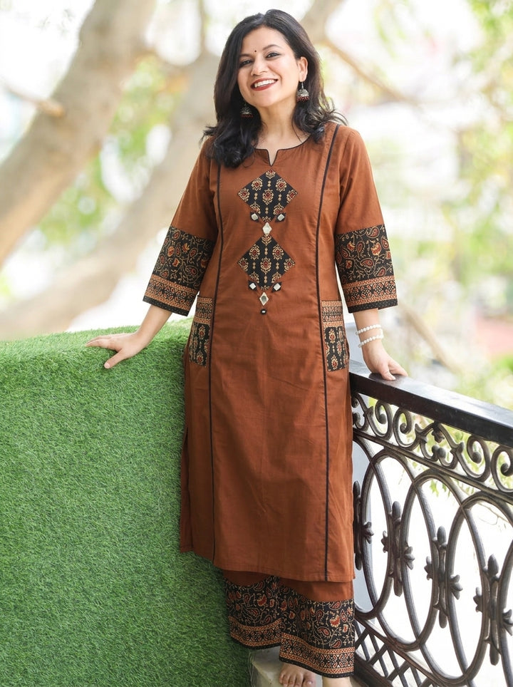 Karishma Burnt Rust Ajrakh Patch with Mirror Panel Style Cotton Co-ord Set