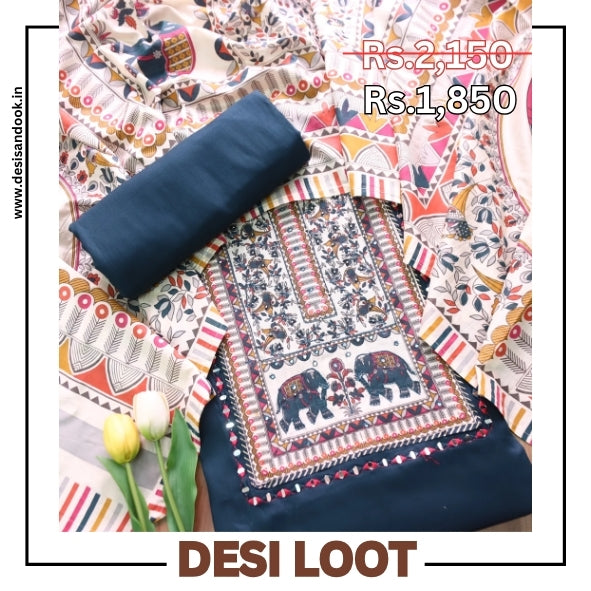 Parvani Navy Blue with Madhubani Print Yoke with Thread Glazed Cotton Suit Set